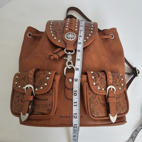 Rein & Bridle Tooled Vegan Leather Backpack Brown Western Boho Studded - Picture 10 of 13
